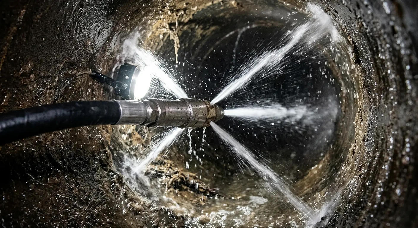 High-pressure hydro jetting nozzle cleaning sewer pipe for Emergency Drain Service in Gloucester City