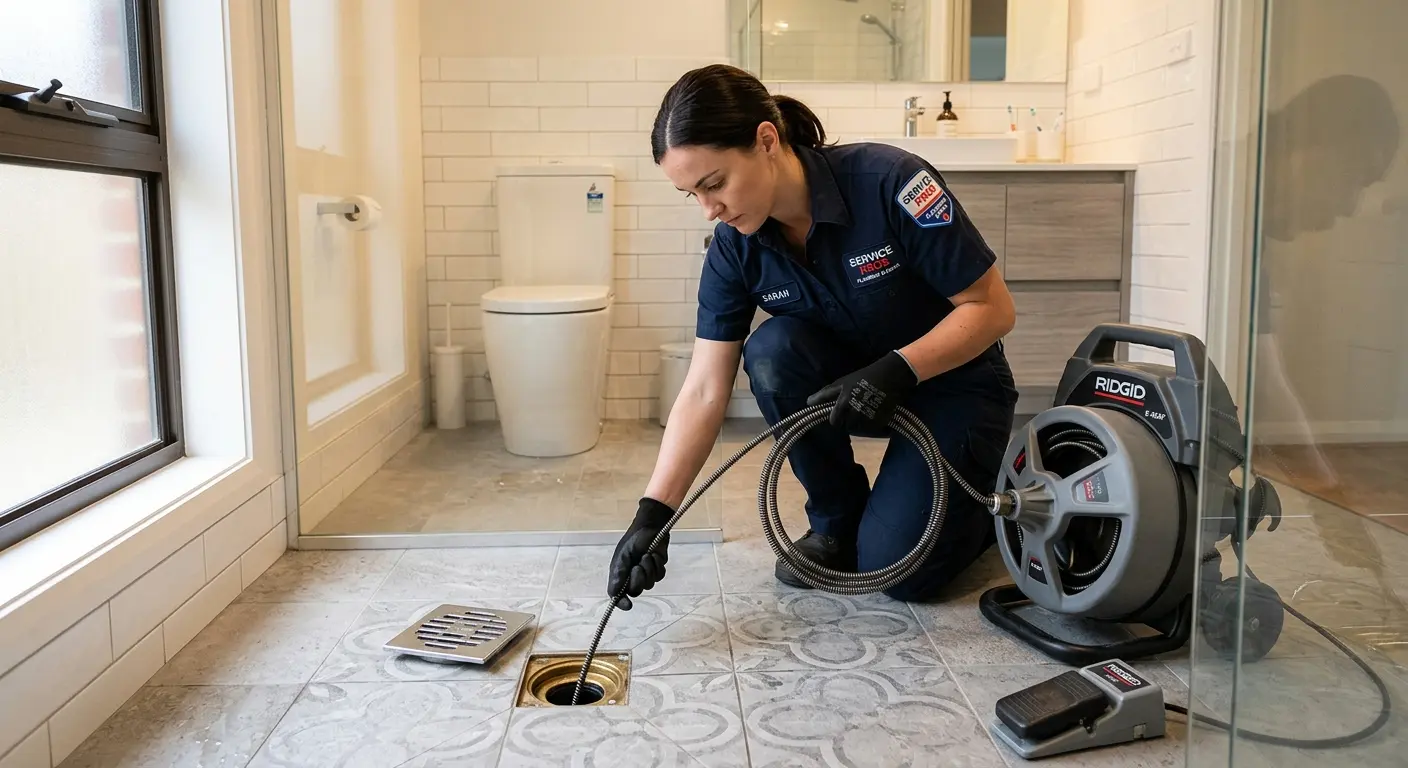 Technician clearing a bathroom floor drain for Clogged Drain Repair in Gloucester City